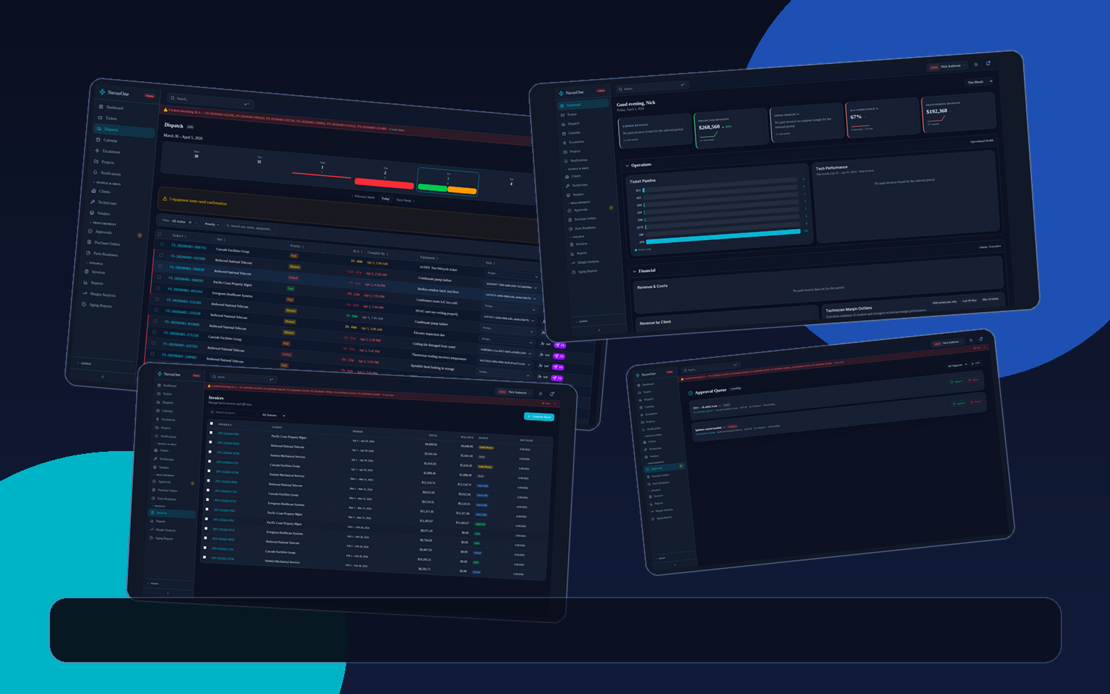 Back-office field operations collage showing dispatch, invoices, approvals, and margin visibility