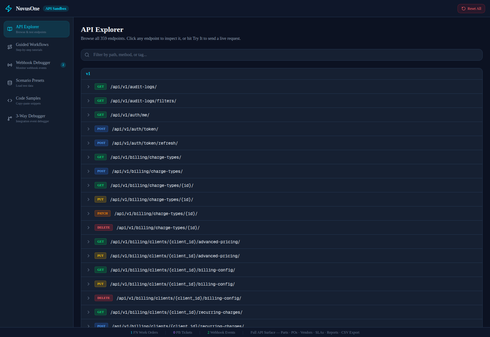 NovusOne API sandbox and explorer with live endpoint catalog