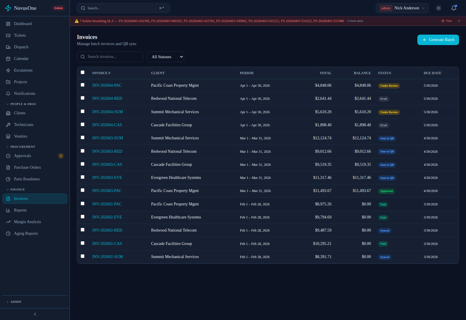 NovusOne billing screen with populated invoice and job cost context