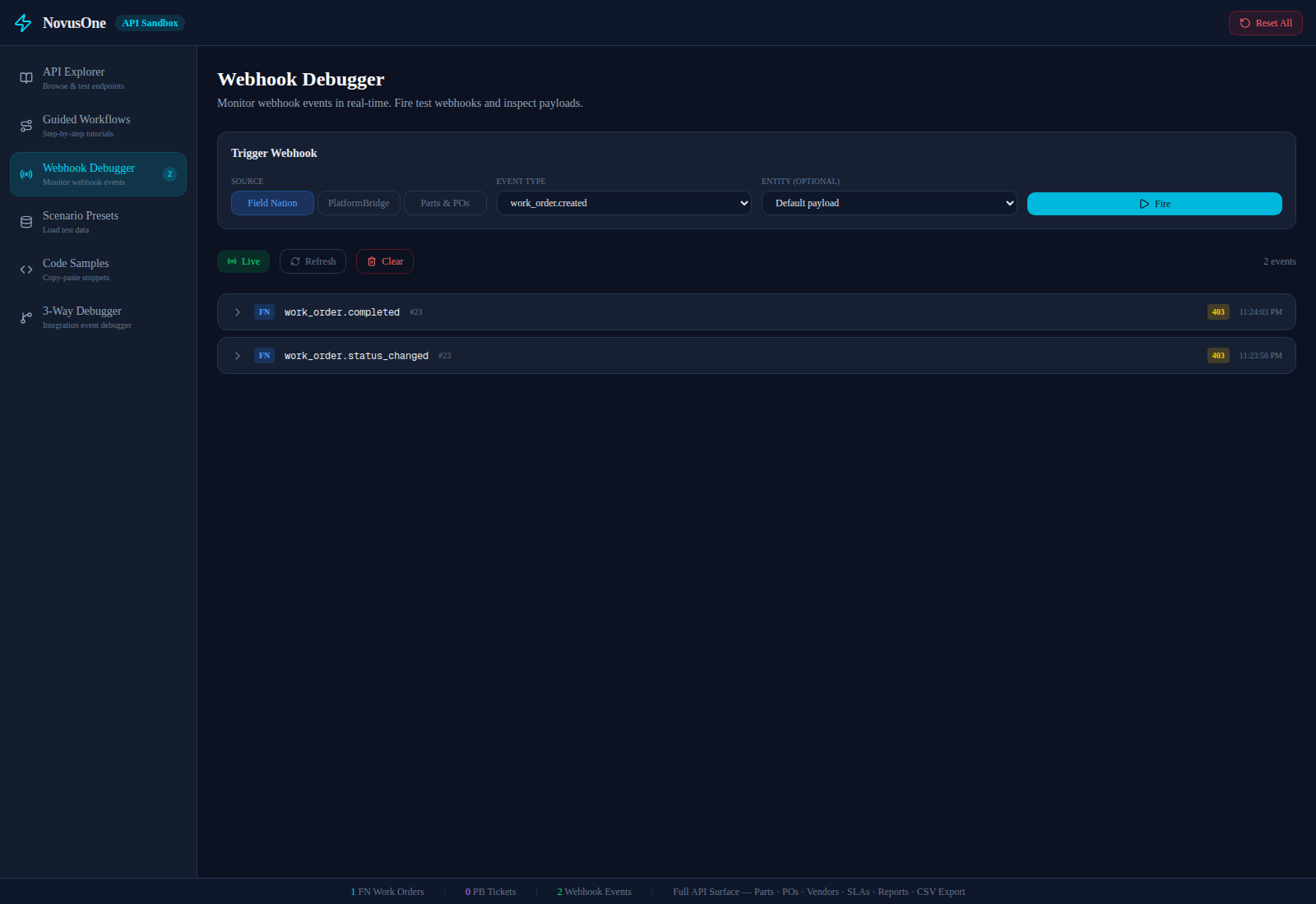 NovusOne webhook debugger with live event monitoring and test payload controls